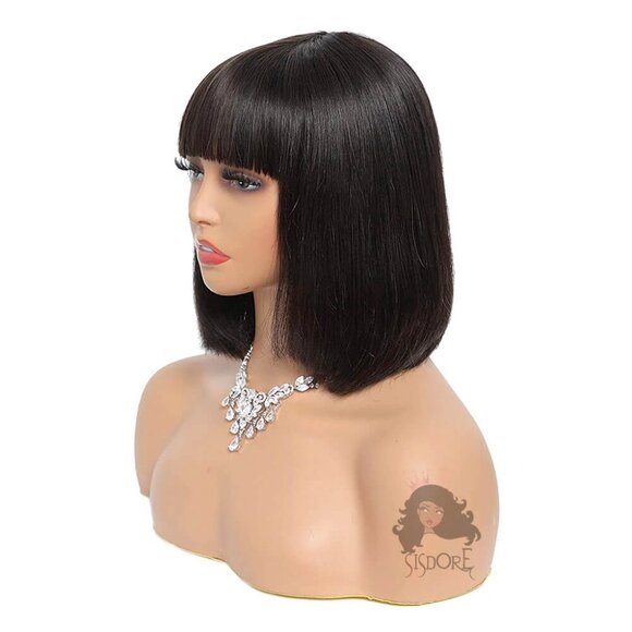 Glueless Bob with Bangs, Short Straight Human Hair Wig 3x1 Lace - Picture 3 of 15